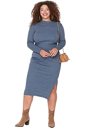 Trendyol Damen Woman Maxi Asymmetrisch Tiefer Rundhals Webstoff Kleid, , 5XL