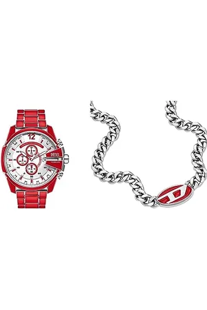 Diesel Herrenuhr Mega Chief und Kette Halskette - Chronographen-Uhrwerk, rot emailliert Edelstahl