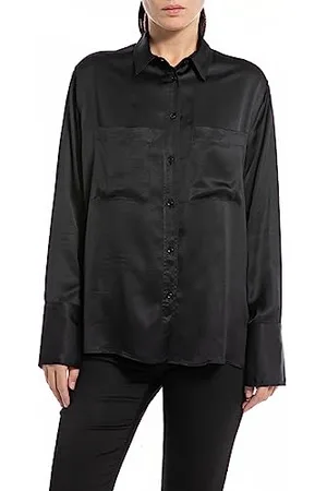 Replay Damen Bluse Langarm Glänzend, (Schwarz), L
