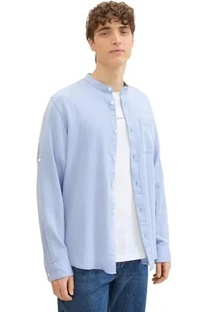 TOM TAILOR Herren Slim Fit Hemd mit Stehkragen aus Baumwolle, blue white squared structure, L