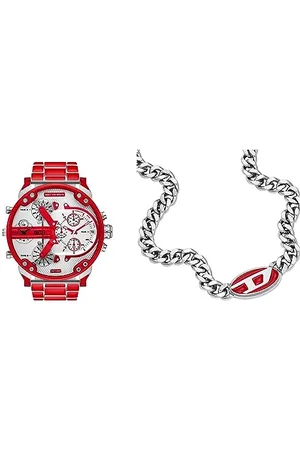 Diesel Herrenuhr Mr Daddy 2.0 und Kette Halskette - Zwei-Zeiger Uhrwerk, Rot Emaille Edelstahl