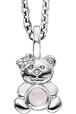 Engelsrufer Herzengel Mädchen Kinder Halskette aus Sterling Silber und einem Teddybär Anhänger mit Rosenquarz Stein - Karabinerverschluss - längenverstellbar - nickelfrei