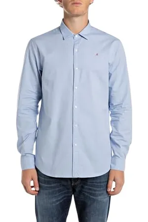 Replay Herren Hemd Langarm mit Knopfleiste, Blau (Light Blue 010), XL