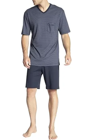 Calida Relax Streamline Kurz-Pyjama, V-Neck Herren, aus 100% Baumwolle, Hose mit stoffbezogenem Gummibund