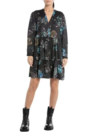 Replay Damen Kleid Langarm All Over Print, (Mehrfarbig), XL