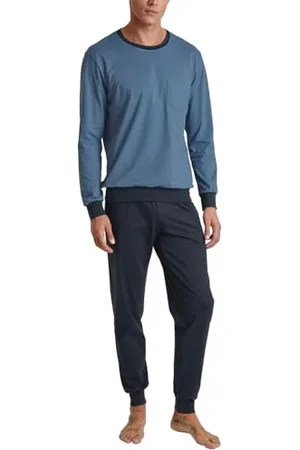 Calida Relax Essentials Bündchen-Pyjama Herren, aus 100% Bio-Baumwolle, Hose mit stoffbezogenem Gummibund