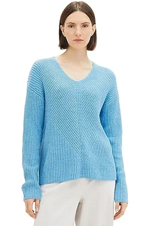 TOM TAILOR Damen 1039242 Basic Pullover mit V-Ausschnitt, 12391-Clear Light Blue Melange, XS
