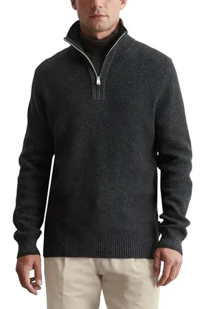 Marc O’ Polo Marc OߴPolo Herren Strickpullover mit Troyerkragen Regular Fit, Grau (Dark Grey Melange), M