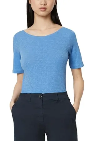 Marc O’ Polo Marc OߴPolo Damen T-Shirt aus Bio-Baumwolle mit U-Boot-Ausschnitt, Blau (Shiny Sky), XXS