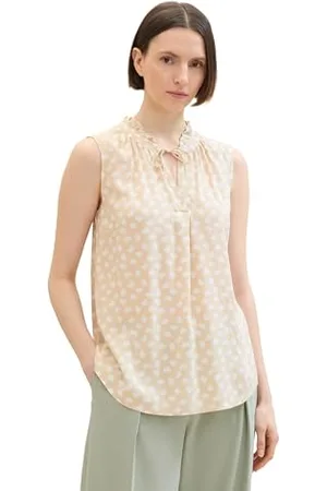 TOM TAILOR Damen Basic Bluse mit Rüschen-Detail am Kragen, beige halfmoon dot design, 44
