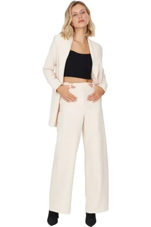 Trendyol Damen Herren Hoher Bund Wide Leg Hose Pants, Cremefarben, 34 EU