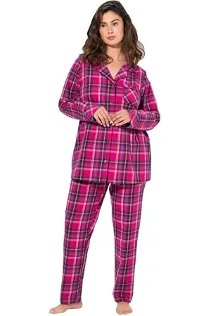 Ulla Popken Damen große Größen Übergrößen Plus Size Pyjama, Flanell, Karo, Reverskragen, Langarm