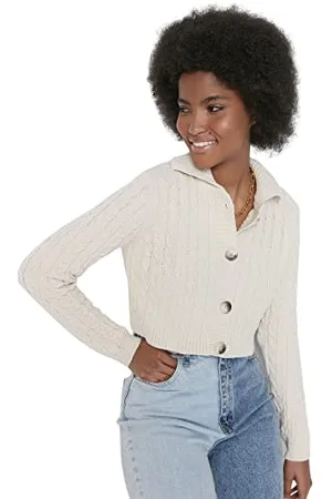 Trendyol Damen Plant Hair Braided Knitted Jacket Cardigan Sweater, Greige, L EU