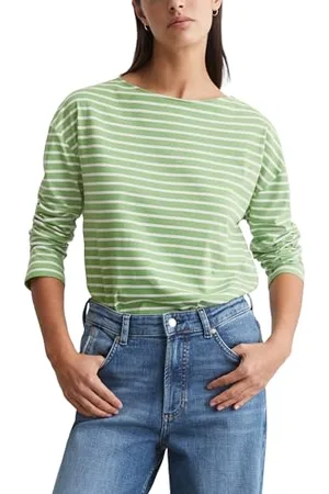 Marc O’ Polo Marc OߴPolo Denim Damen Langarmshirt mit U-Boot-Ausschnitt gestreift, Grün , XXS