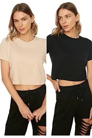 Trendyol Damen -Beg 100% Baumwolle Runder Halsband 2 Packung Crop Gestricktes T-shirt T Shirt, , XS EU