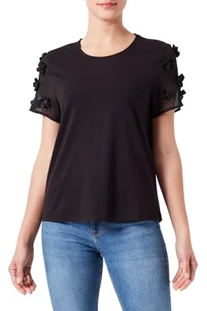 Taifun Damen T-Shirt mit Blüten-Dekor Kurzarm unifarben 38