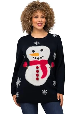 Ulla Popken Damen Weihnachtspullover, Schneemann, Rundhals, Langarm Pullover, , 42-44