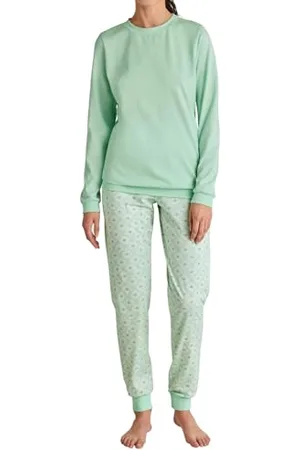 Calida Flower Nights Bündchen-Pyjama Damen, weich, pflegeleicht, elastischer Hosenbund, softe Bündchen an den Abschlüssen