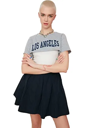 Trendyol Graues gedrucktes Crop-gestricktes T-Shirt, grau