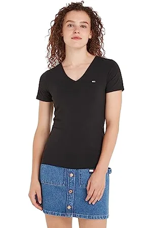 Tommy Hilfiger Damen Tjw Skinny Stretch V Neck Dw0dw09197 Kurzarm Strickoberteile, Schwarz, S
