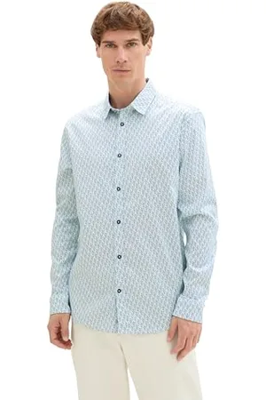 TOM TAILOR Herren Tailliertes Satin Hemd mit Allover Print, blue squared design, XXXL