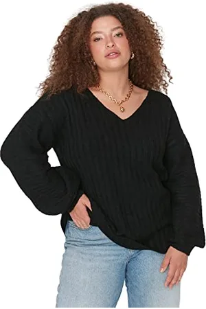 Trendyol Damen V-Ausschnitt einfarbig entspannt Plus Size Pullover Sweatshirt, , 3XL Größen