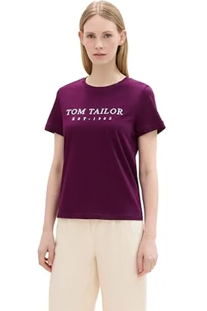 TOM TAILOR Damen 1043695 Basic T-Shirt mit Logo-Print, 35796-Blackberry, Large