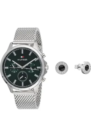 Tommy Hilfiger Multi Zifferblatt Quarz Uhr für Herren mit Silbernes Edelstahl-Mesh-Gliederarmband - 1710499 Jewelry Ohrstecker für Herren aus Edelstahl mit Kristallen - 2790379
