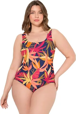 Ulla Popken Damen große Größen Übergrößen Plus Size Badeanzug, Wald, ohne Softcups, Rundhals, Vorderfutter