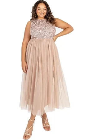 Maya Deluxe Vrouwen Midaxi Jurk Dames Mouwloze Pailletten Hoge Empire Taille Tule Versierd voor Bruiloft Gast Bal Bruidsmeisje, Bessen, 40