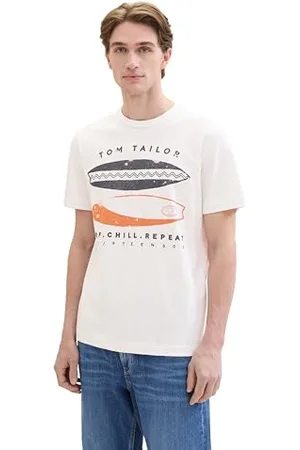 TOM TAILOR Herren Basic T-Shirt mit Streifen und Print, white fine stripe, XL