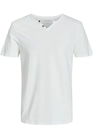 JACK & JONES Herren Basic T-Shirt V-Ausschnitt Kurzarm Jersey Baumwolle Shirt mit Knöpfen JJESPLIT, Farben:Weiß, Größe:XXL