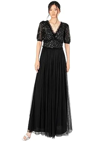 Maya Deluxe Damen Maxi Dress Ladies V-Neck Short Sleeve Sequin Embellished Tulle Ruffle for Wedding Guest Bridesmaid Ball Gown Kleid, ,52
