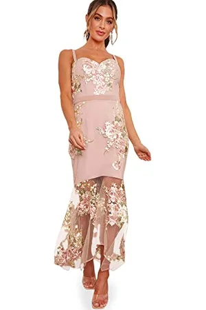 Chi Chi London Damen Figurbetontes Schößchen und Blumenstickerei in Rosa Kleid, , 36