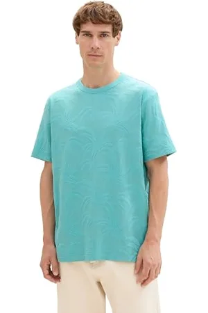 TOM TAILOR Herren Jaquard T-Shirt mit Palmen-Muster, teal palm jacquard design, L