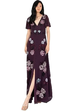 Maya Deluxe Damen Maxi Ladies Embroidered Sequin Embellished Button Front Split for Wedding Guest Bridesmaid Prom Evening Dress, ,34