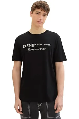 TOM TAILOR Herren T-Shirt mit Logo-Print aus Baumwolle, Black, XS