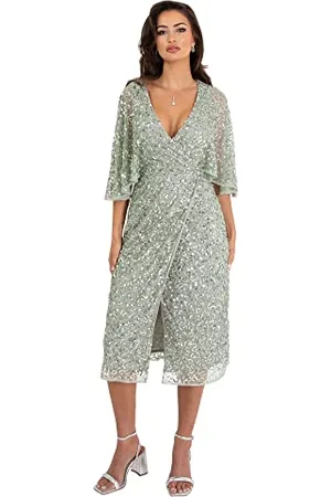 Maya Deluxe Damen Womens Midi Dress Ladies Sequin Embellished Cape Sleeve Wrap for Wedding Guest Bridesmaid Cocktail Prom Evening Kleid, , 50 EU