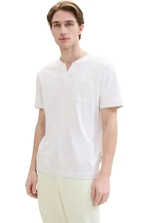 TOM TAILOR Herren Basic Serafino T-Shirt mit Streifen, white fine stripe, M