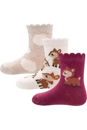 Ewers 3er-Pack Rehkitz-Söckchen, mehrfarbige Reh-Socken für Mädchen und Jungen, Baumwolle, MADE IN EUROPE, Mädchensocken Jungensocken Kindersocken, Größe 27-30, beige/hell-braun/weinrot