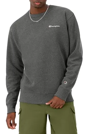 Champion Herren Crewneck, Powerblend Fleece, Hoodie for Men, Logo (Reg. Or Big & Tall) Sweatshirt, Granite Heather-Left Chest Script, Small
