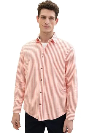 TOM TAILOR Herren Regular Fit Dobby Hemd mit Streifen, orange white dobby stripe, L