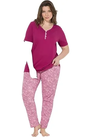Ulla Popken Damen große Größen Übergrößen Plus Size Pyjama, Zierkante, Spitzendruck, Halbarm