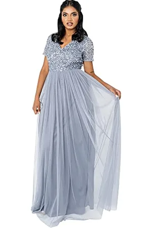 Maya Deluxe Damen Ballkleid Abendkleid V-Ausschnitt Maxi Länge Pailletten Kurze Ärmel für Hochzeit Geburtstag Brautjungfer Bridesmaid Dress, Blue, 38