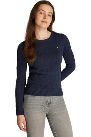 Tommy Hilfiger Damen Pullover Co Cable Rundhalsausschnitt, Blau (Dark Night Navy), XL
