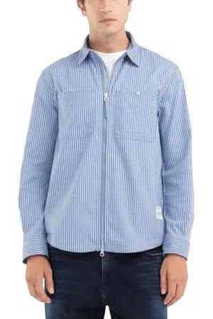 Replay Herren Hemd Langarm aus Baumwolle, Mehrfarbig (Light Blue/Natural White 010), XL