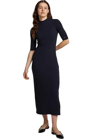 Tommy Hilfiger Damen Bodycon Kleid Slim Rib Midi Länge, Blau (Dark Night Navy), M