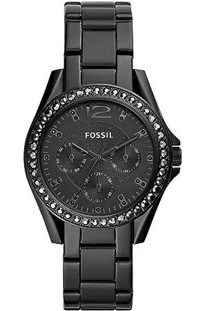 Fossil Damenuhr Riley, QuarzMultifunktionswerk, 38mm Schwarzes Edelstahlgehäuse mit Edelstahlarmband, ES4519