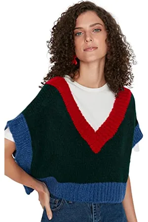 Trendyol Damen V-neck Colorblock Regular Vest Sweater, Grün, L EU