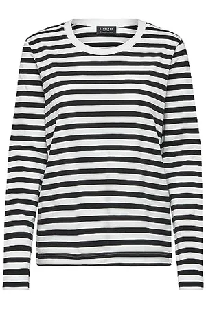 SELECTED Damen SLFSTANDARD LS Tee STR NOOS T-Shirt, Black/Stripes:Snow White, S